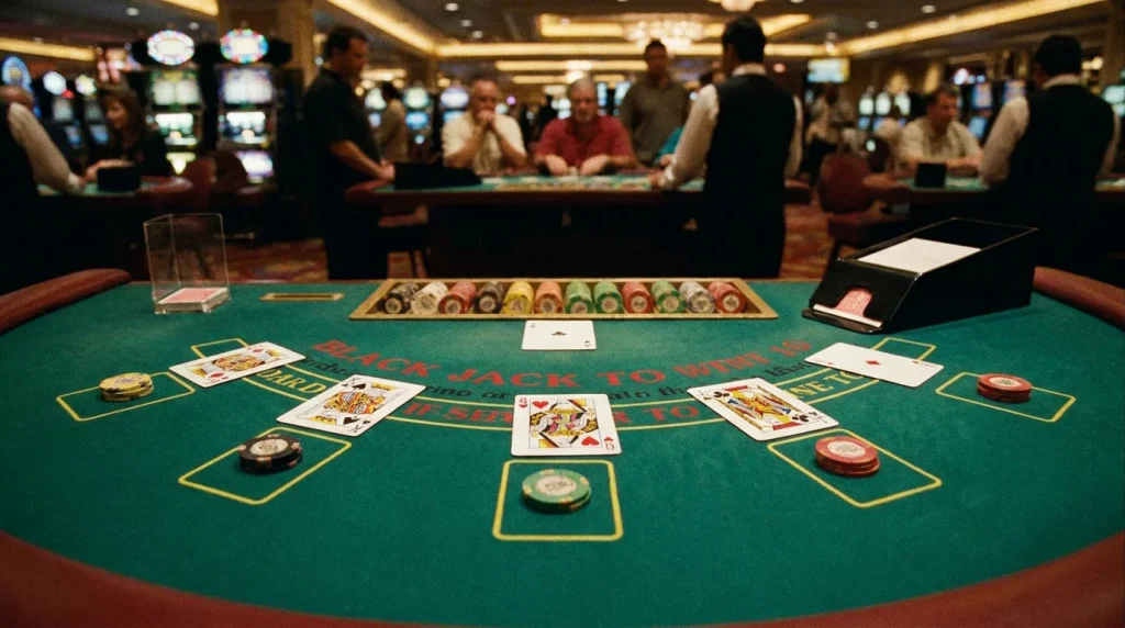 Blackjack-bord med spillekort på dansk spilleside