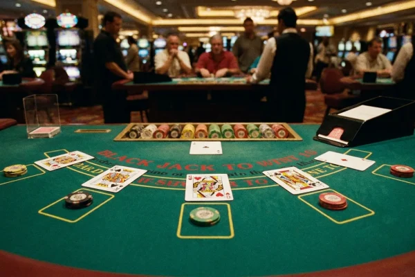 Blackjack-bord med spillekort på dansk spilleside