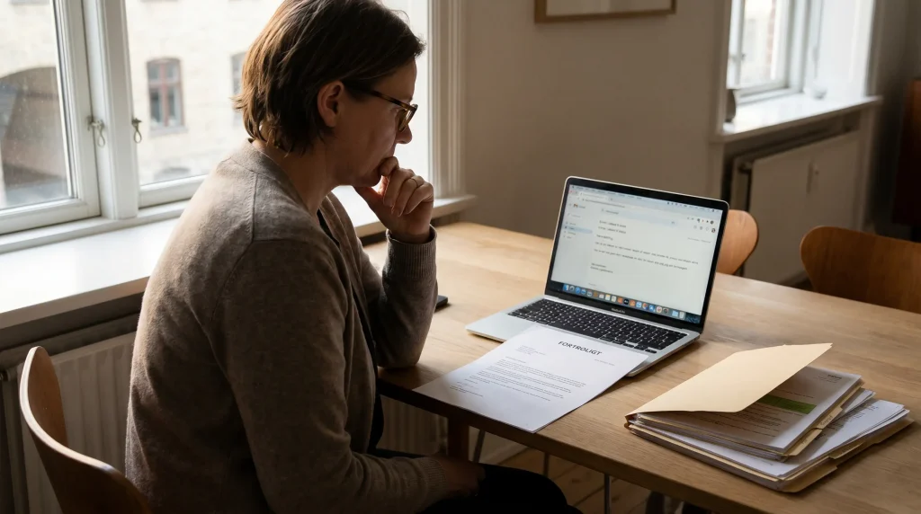 Klageprocedure med dokumenter og laptop