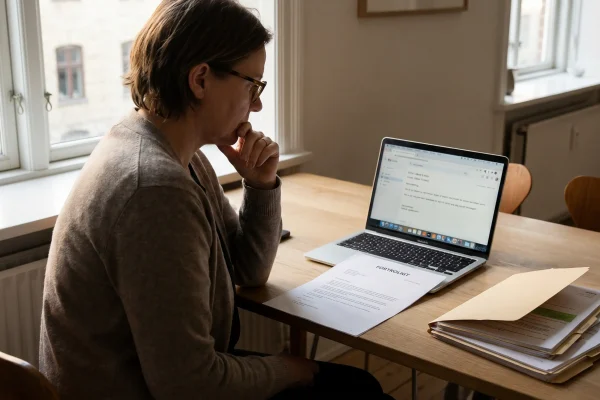 Klageprocedure med dokumenter og laptop