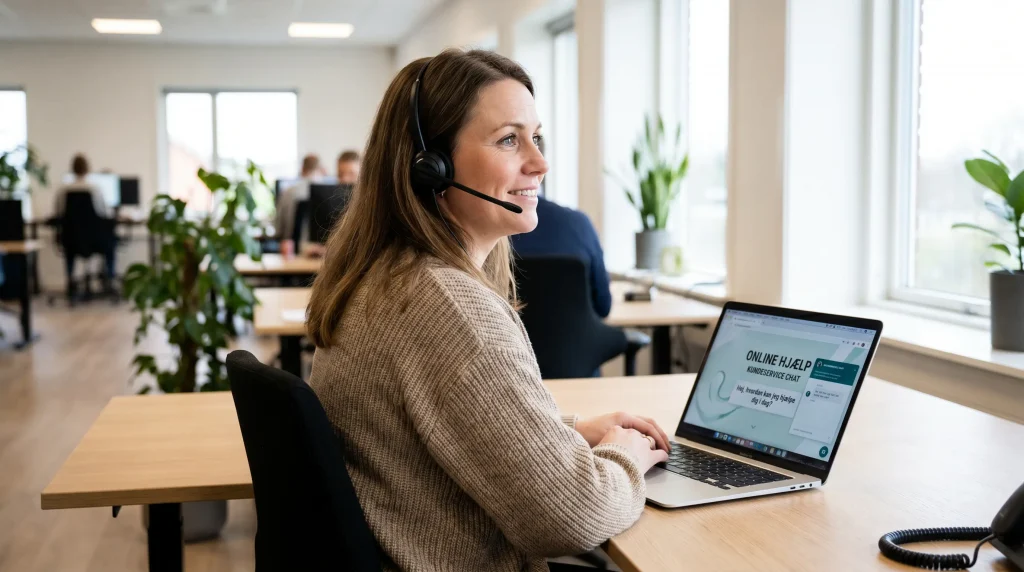 Kundeservicemedarbejder ved skrivebord med headset
