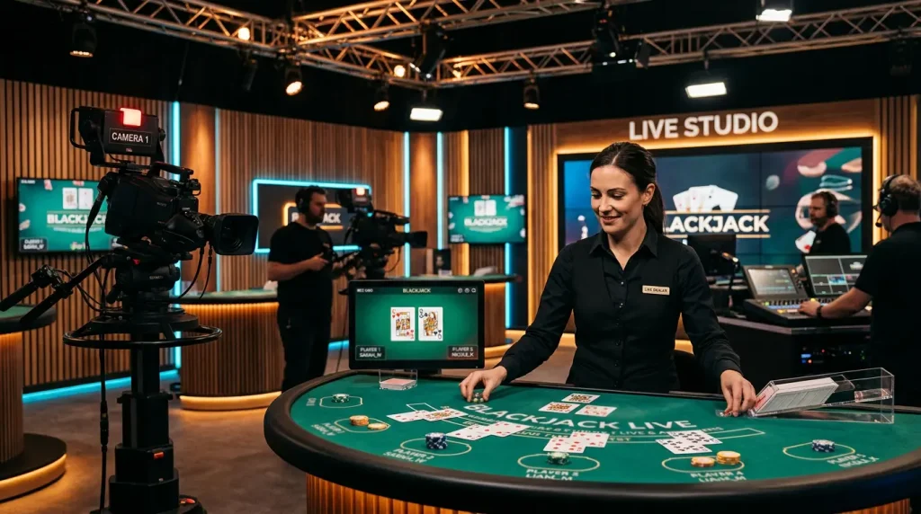 Live dealer ved blackjack-bord på dansk spilleside