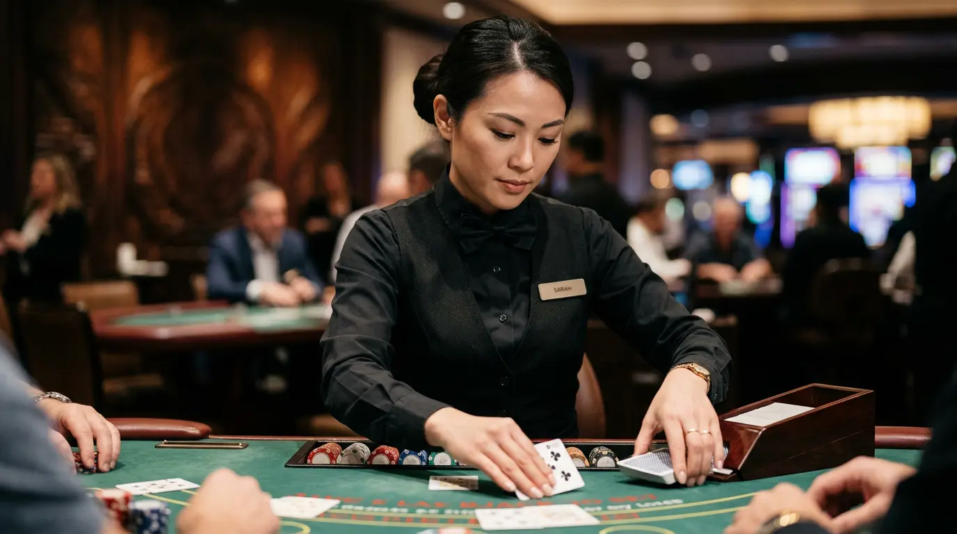 Live dealer ved bord i studieopsætning