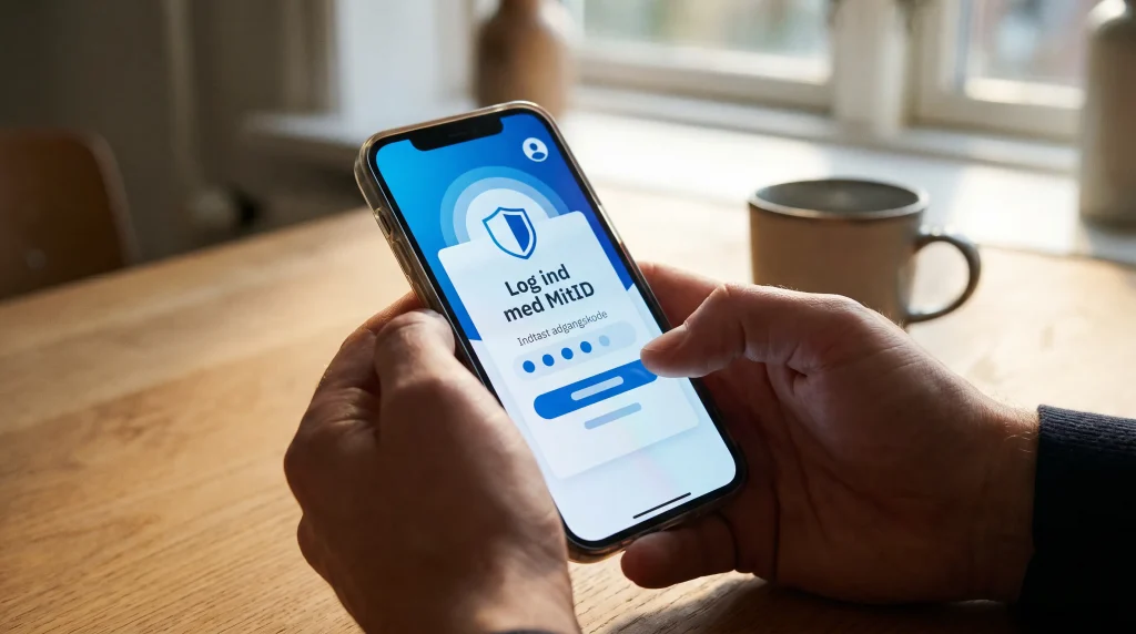 Person logger ind på dansk spilleside med MitID på smartphone