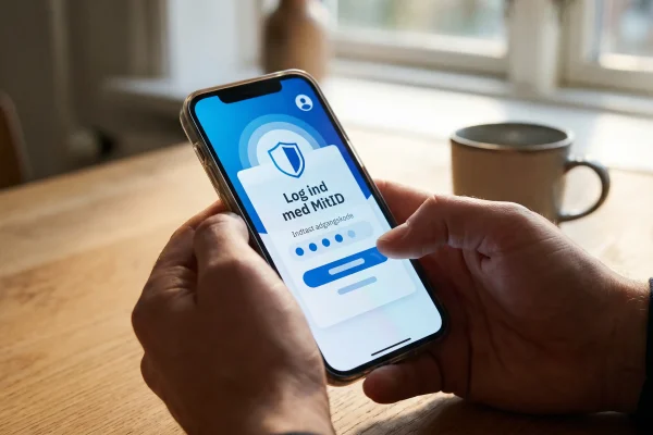 Person logger ind på dansk spilleside med MitID på smartphone