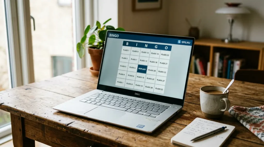 Online bingo-spil med kort og tal vises på laptop