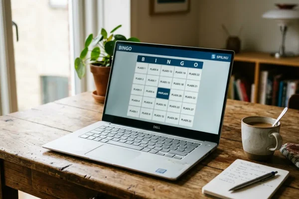 Online bingo-spil med kort og tal vises på laptop