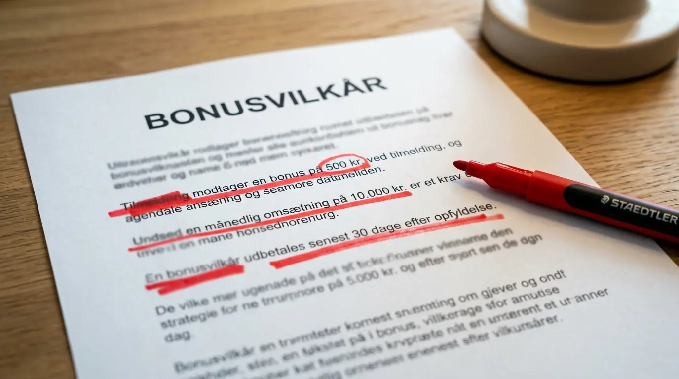 Markering af problematiske passager i bonusvilkår med rød kuglepen