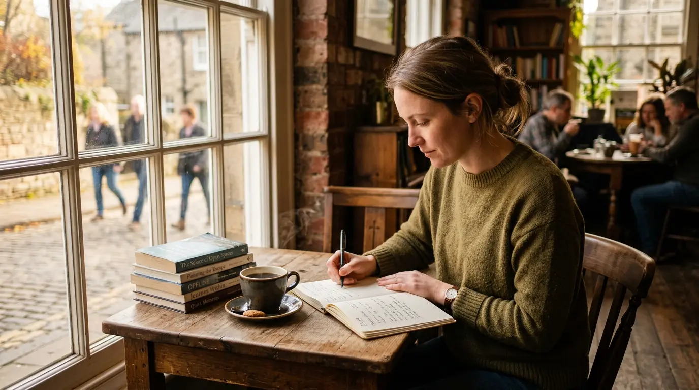 Person tager en planlagt pause fra spil med kaffe og notesbog