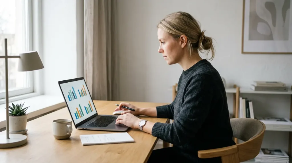 Spiller analyserer udbetalingsprocenter på laptop