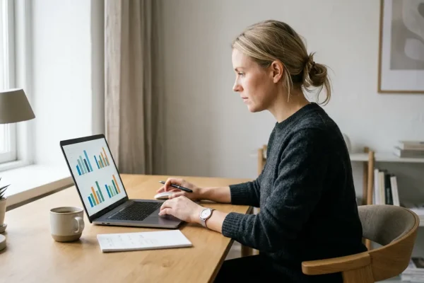 Spiller analyserer udbetalingsprocenter på laptop