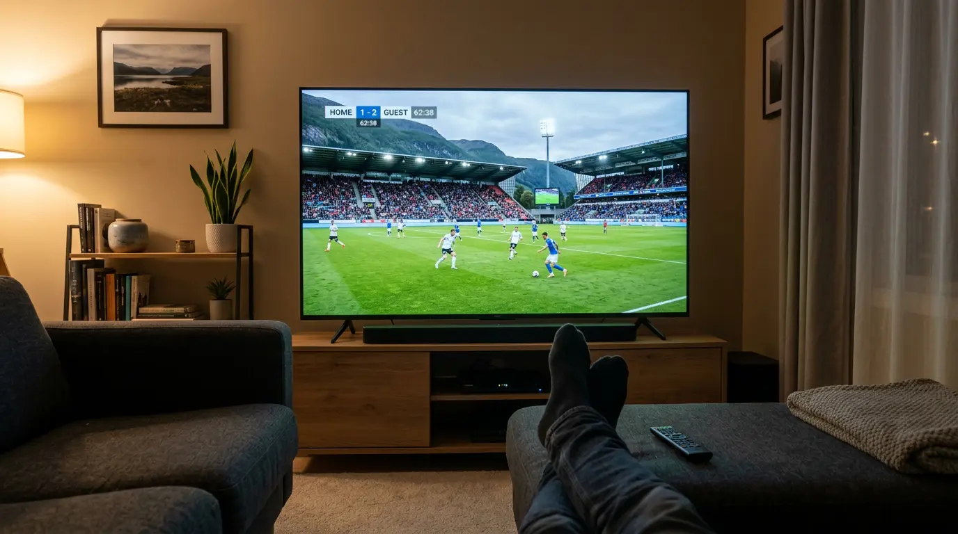 TV-skærm viser sportsudsendelse uden synlige spilreklamer omkring kampen