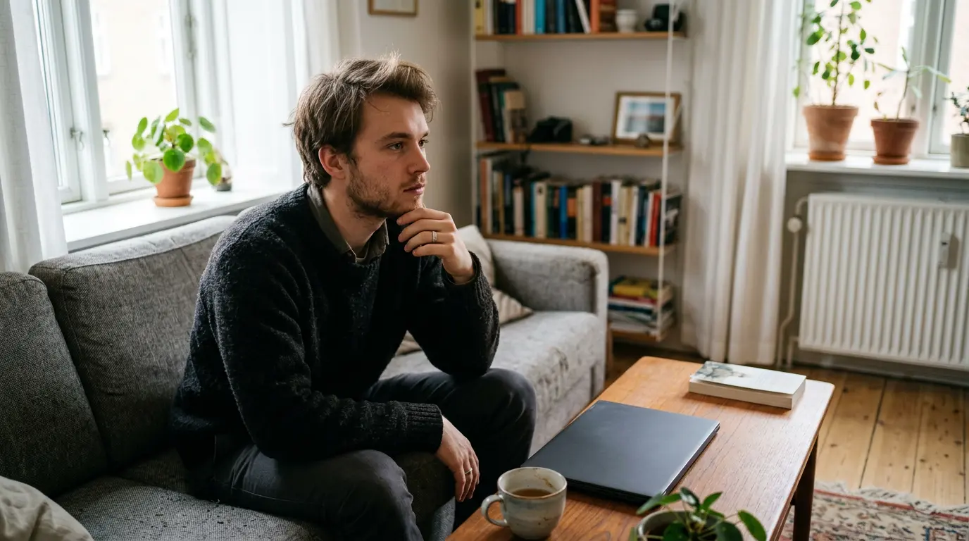 Ung mand sidder eftertænksomt foran computer efter ROFUS-tilmelding